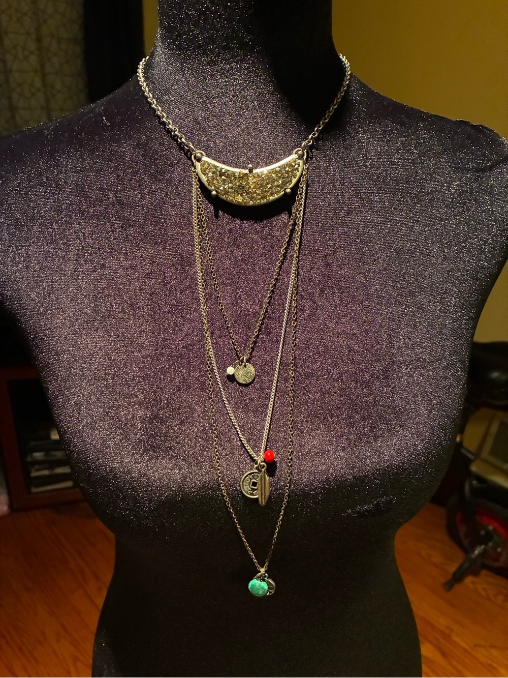 Layered Silver-Tone Pendant Necklace with Red and Turquoise Accents